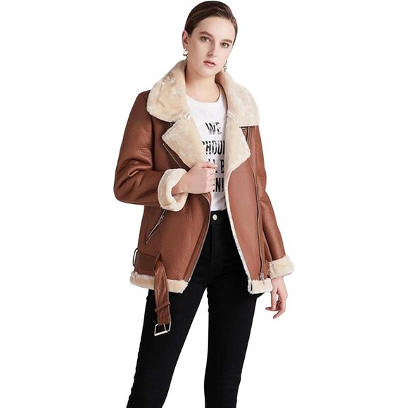 Women Brown Faux Shearling Moto Jacket Thick Lined Winter Leather Coat - Picture 4 of 6